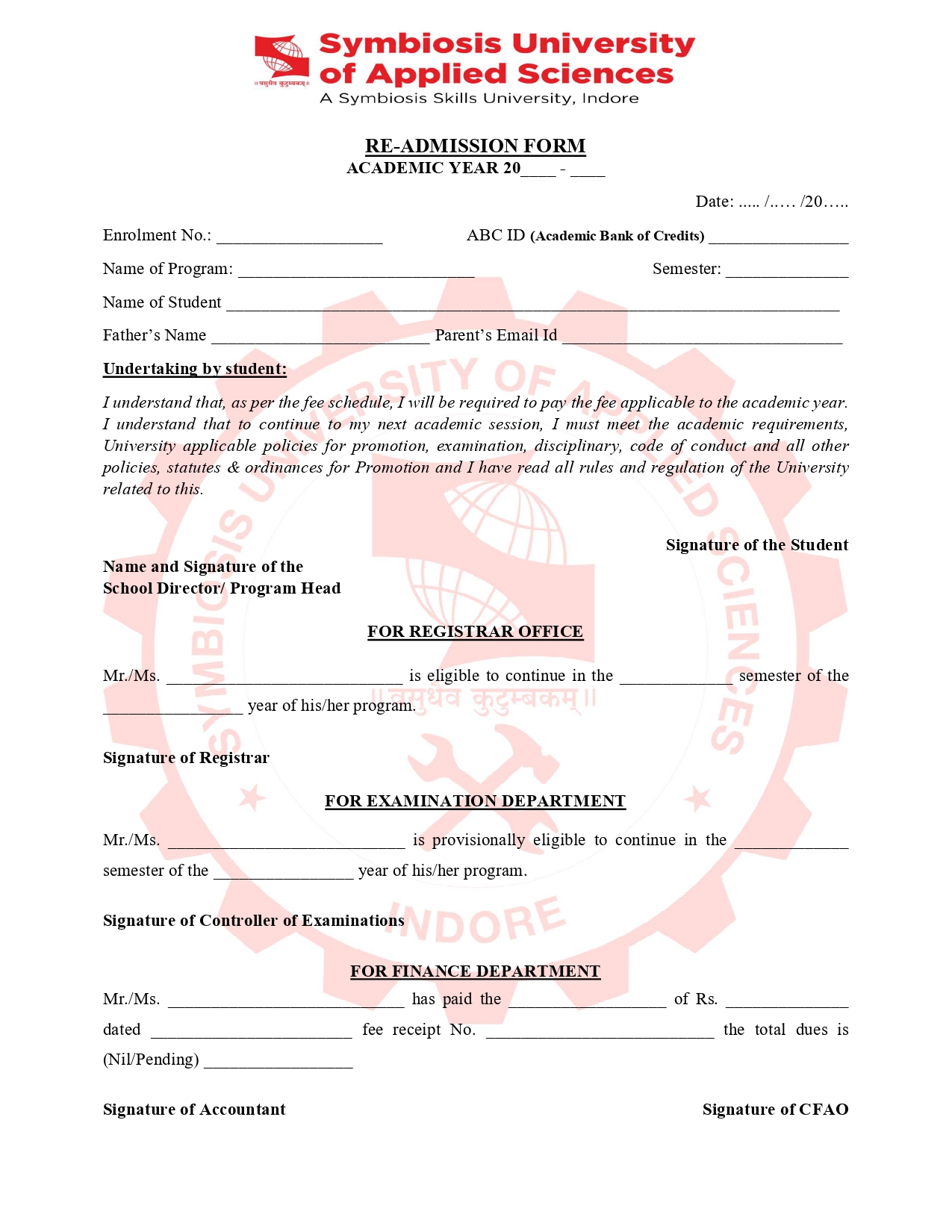 Re-admission Form-Symbiosis University of Applied Science Indore